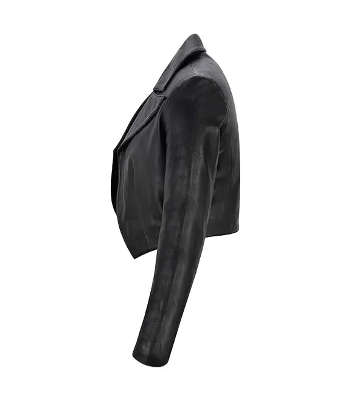 Profile side view of Womens Black Bolero Cropped Leather Jacket showcasing fitted sleeve construction, shoulder seam, and cropped side line.