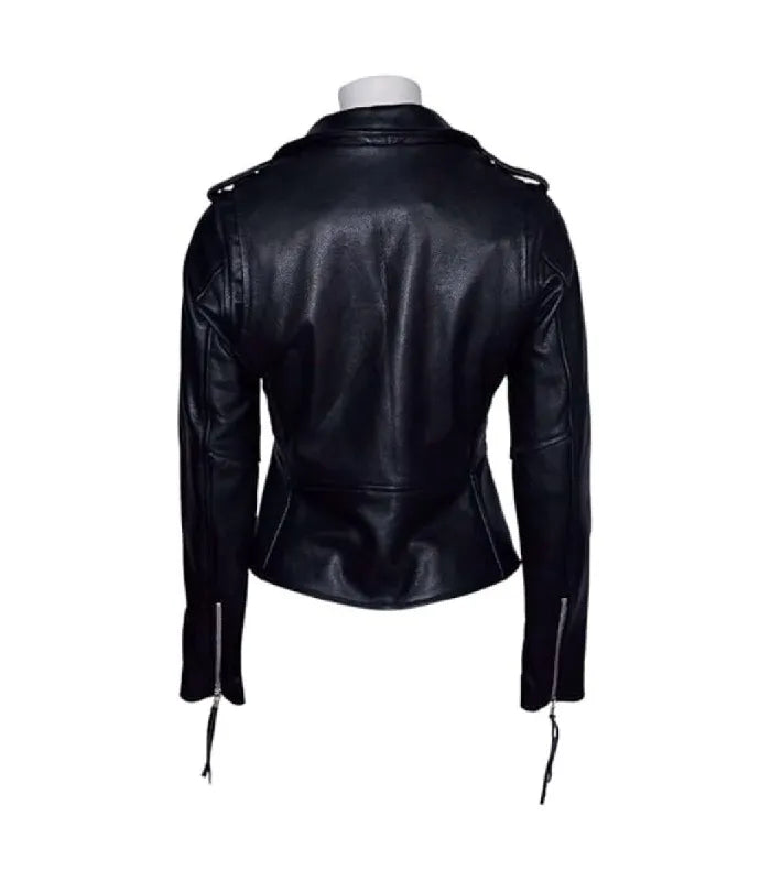 Rear perspective of a women's Brando black leather biker jacket highlighting back panel seam lines, shoulder epaulettes, and sleeve zip pulls.