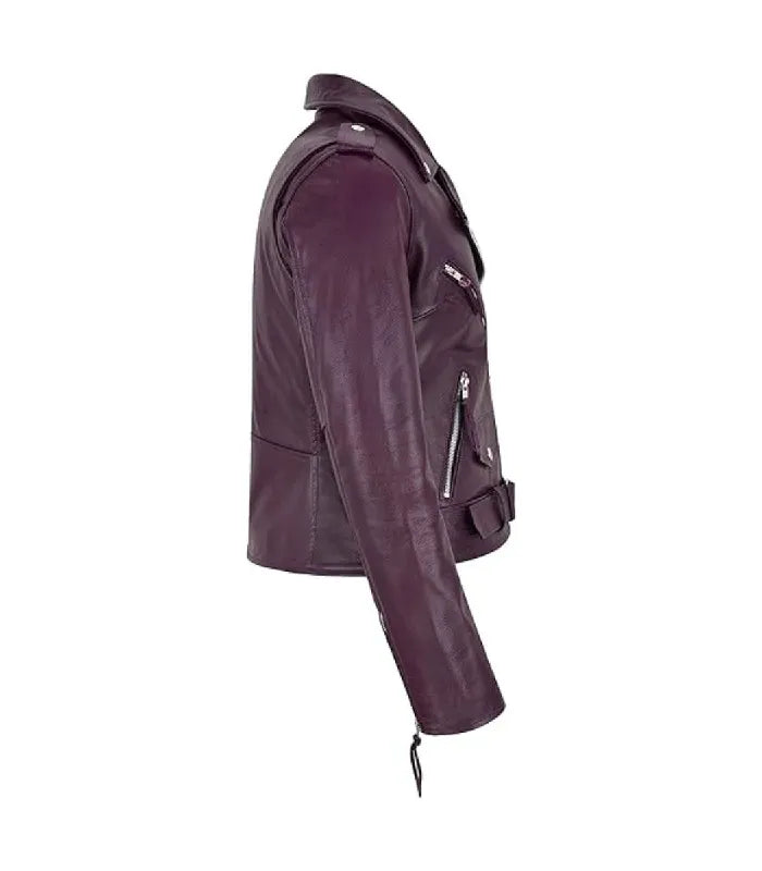 Side view of the brando style women purple biker leather jacket on a plain white background.