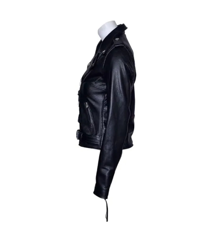 Side view profile of a women's Brando black leather biker jacket showing waist belt buckle, sleeve zipper, and shoulder epaulette detail.