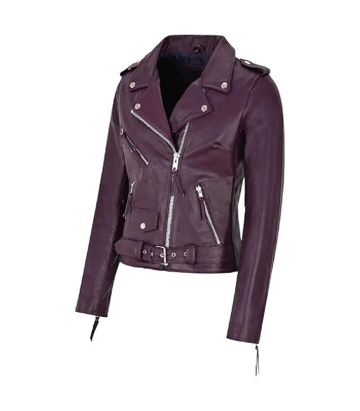 Angled front view of a women's Brando purple leather biker jacket featuring buckled waist belt, silver hardware, and shoulder epaulettes.
