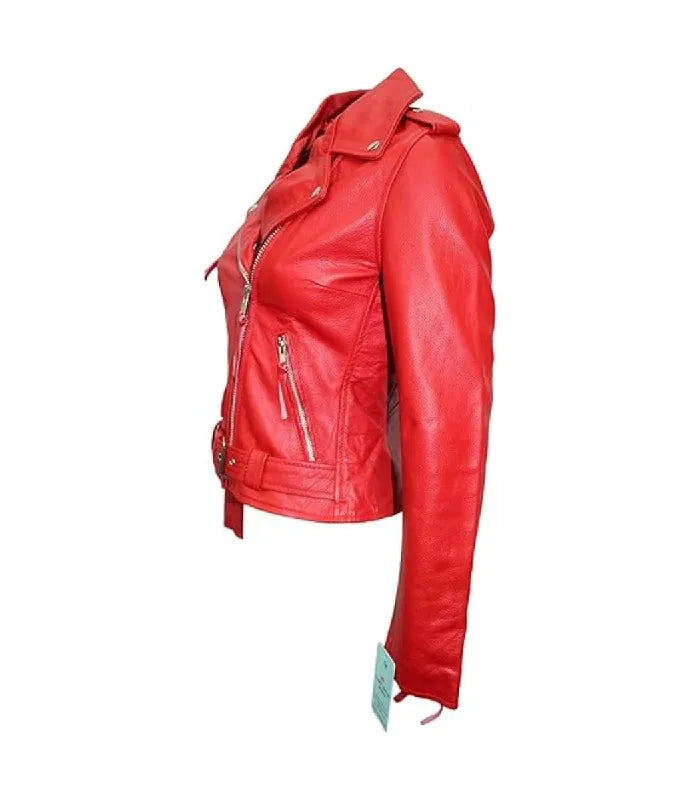 Side profile view of a women's Brando red leather biker jacket showing waist belt, zippered pocket, and shoulder epaulette detail.