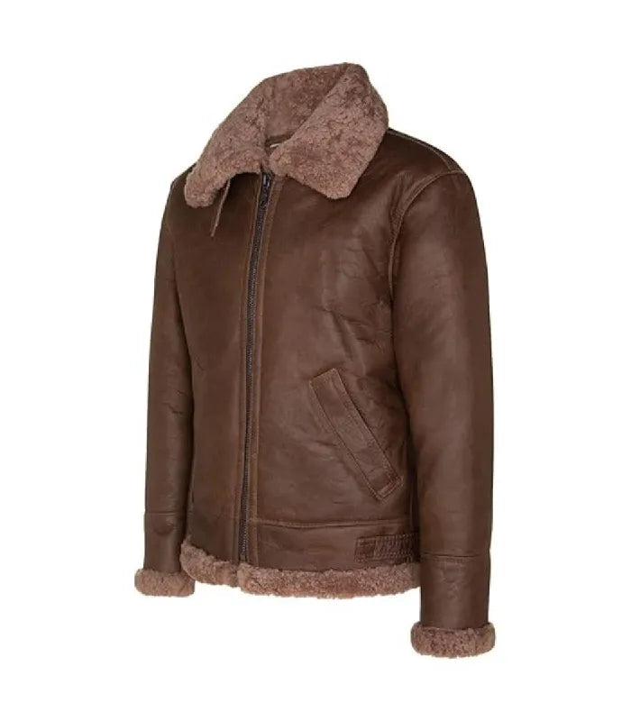 Three-quarter angle view of a Brown Bomber Leather Aviator Shearling Jacket displaying side slant welt pockets, a wide plush collar and exposed cuffs.