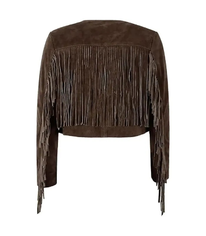 Rear view of Brown Bolero Fringe Cropped Leather Jacket featuring full back fringe yoke panel, arm fringe detailing, and cropped hemline.