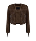 Front view of Brown Bolero Fringe Cropped Leather Jacket featuring collarless open-front design, chest tassel fringe, and sleeve trim.