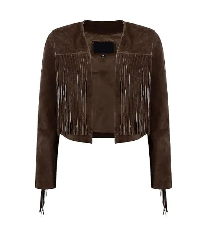 Front view of Brown Bolero Fringe Cropped Leather Jacket featuring collarless open-front design, chest tassel fringe, and sleeve trim.