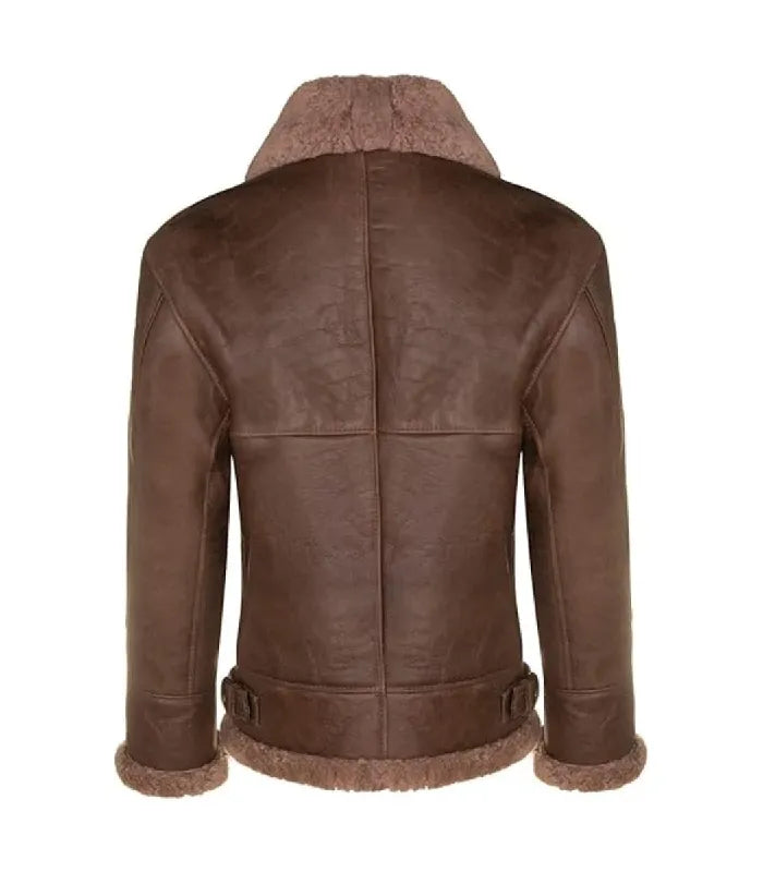 Rear view of a Brown Bomber Leather Aviator Shearling Jacket featuring structured cross-seam back stitching and adjustable side waist buckled straps.