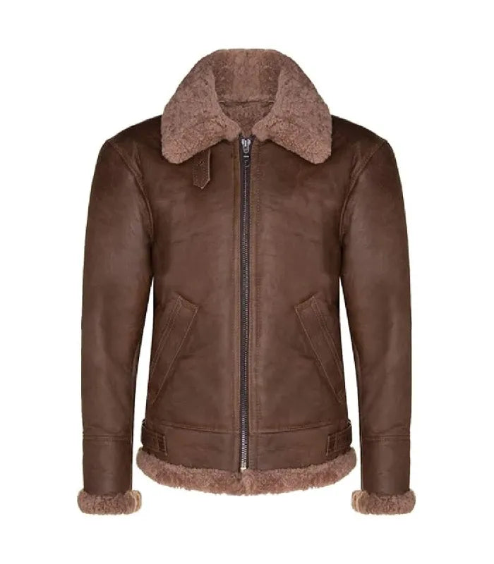 Front view of a Brown Bomber Leather Aviator Shearling Jacket showing a full-length zipper, brown shearling collar, exposed fleece hem, and shearling-trimmed cuffs.
