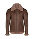 Front view of a Brown Bomber Leather Aviator Shearling Jacket showing a full-length zipper, brown shearling collar, exposed fleece hem, and shearling-trimmed cuffs.