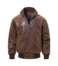 Front view of Brown Flight Leather Bomber Jacket featuring zip closure, stand collar, welt waist pockets, and ribbed hem.