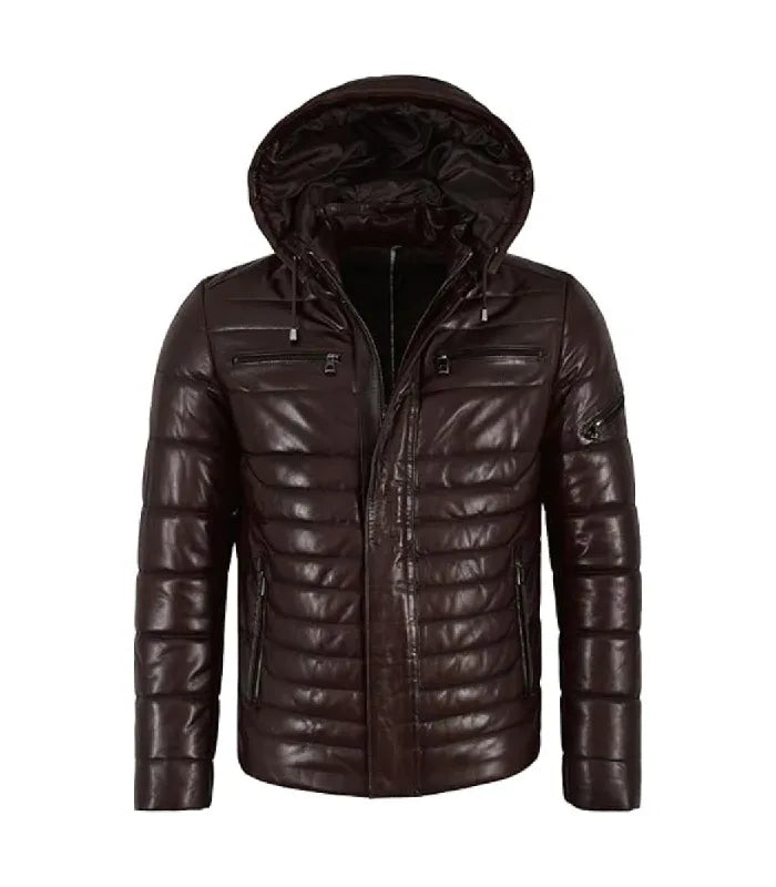 Front view of a Brown Hooded Leather Puffer Jacket featuring dual zippered chest pockets, horizontal quilted baffles, and attached hood.