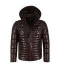 Front view of a Brown Hooded Leather Puffer Jacket featuring dual zippered chest pockets, horizontal quilted baffles, and attached hood.
