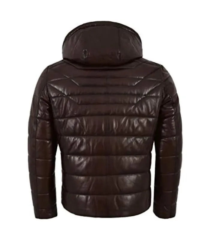 Rear view of a Brown Hooded Leather Puffer Jacket displaying quilted leather panels, shoulder yoke seam stitching, and a leather hood.