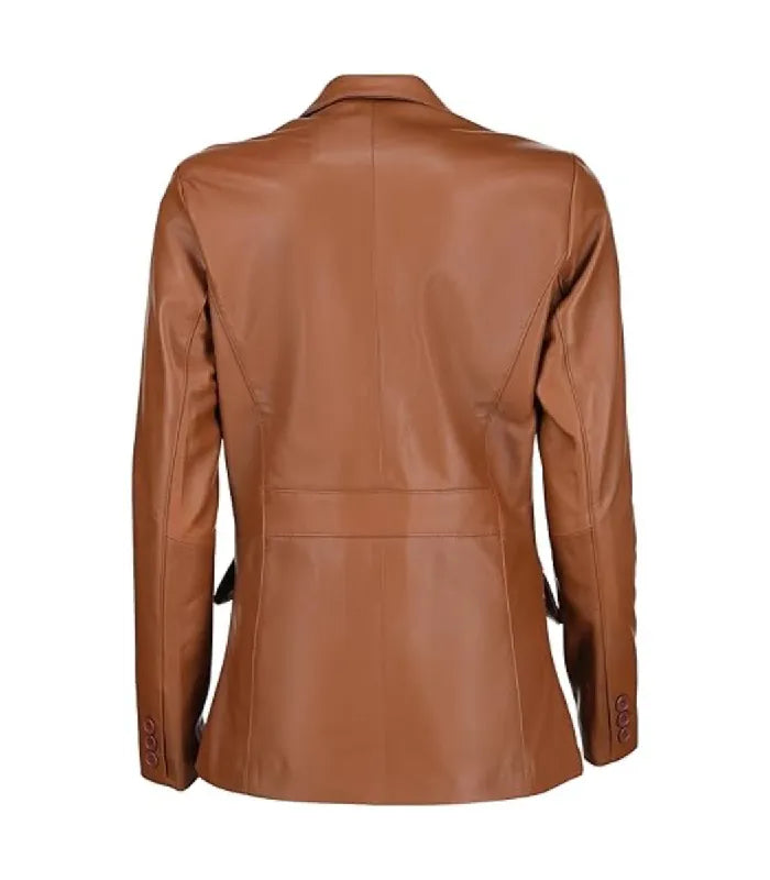 Rear view of a Womens Brown Leather Blazer displaying structured panel stitching, a waist band detail, and three-button cuffs.