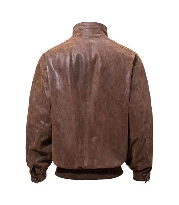 Rear view of Brown Flight Leather Bomber Jacket featuring clean back leather paneling, stand-up collar, and ribbed waist edge.