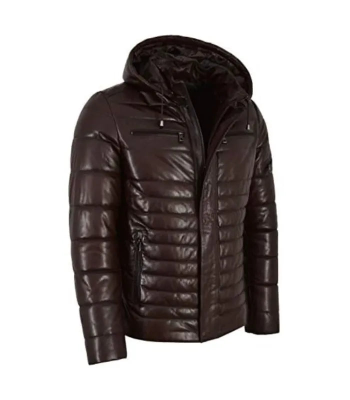 Angle view of a Brown Hooded Leather Puffer Jacket showing horizontal quilting, zip hand pockets, and an adjustable hood.