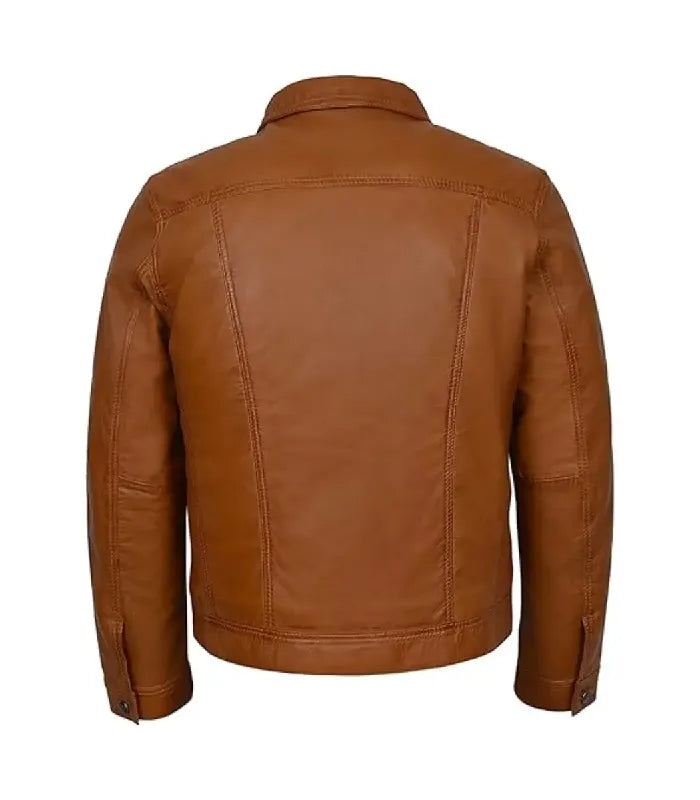 Rear perspective of a brown leather trucker jacket displaying horizontal back yoke stitching and tailored panel construction.