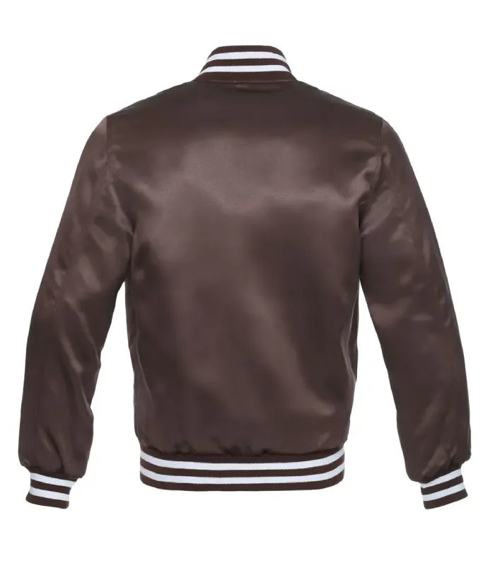 Rear view of a brown satin varsity jacket showcasing smooth satiny back finish with white striped rib-knit collar, cuffs, and hem waistband.