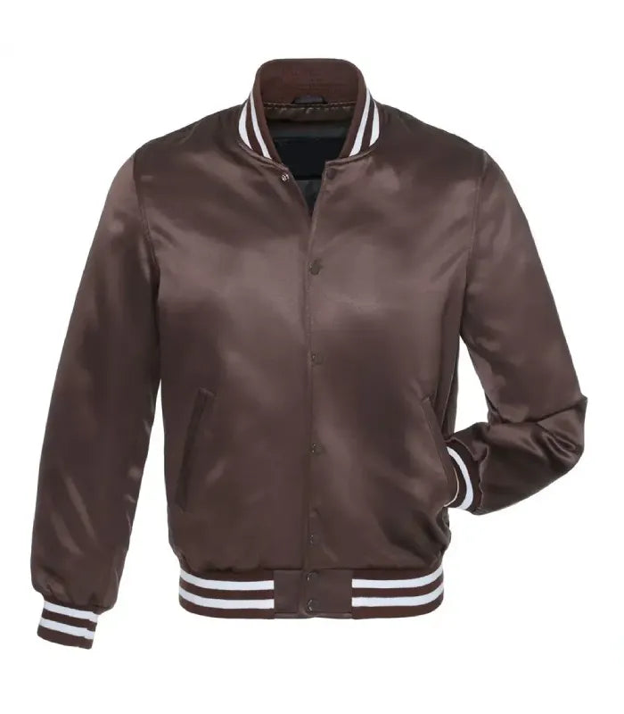 Front view of a brown satin varsity jacket featuring snap-button closure, side welt pockets, and white striped rib-knit trims.
