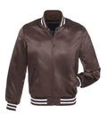 Front view of a brown satin varsity jacket featuring snap-button closure, side welt pockets, and white striped rib-knit trims.