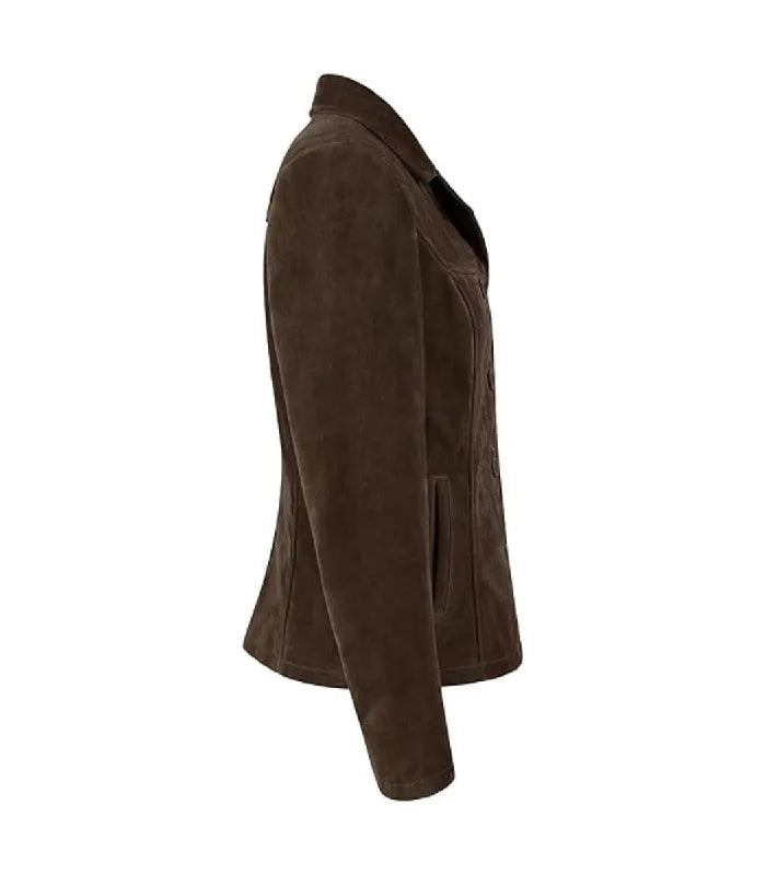 Side view of Womens Brown Suede Leather Blazer featuring side welt pocket detail, fitted sleeve construction, and structured waist tailoring.