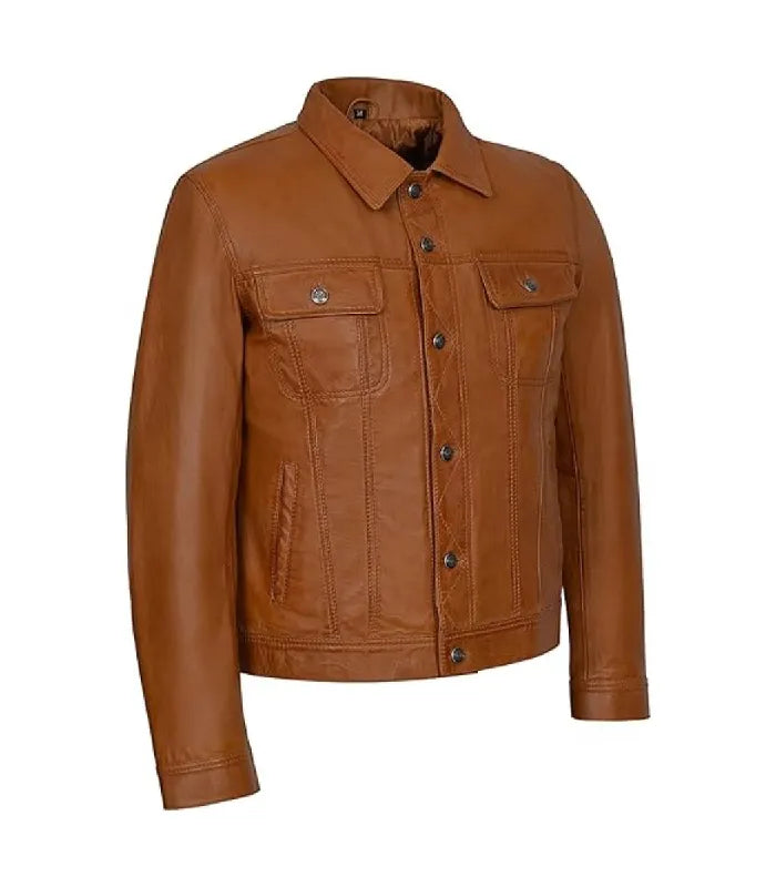 A brown leather jacket with a button-up front, two chest flap pockets, and a pointed collar shown on a plain white background.
