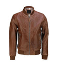 Direct front view of a brown varsity bomber jacket with central zipper, ribbed cuffs, and vertical zipper side pockets.