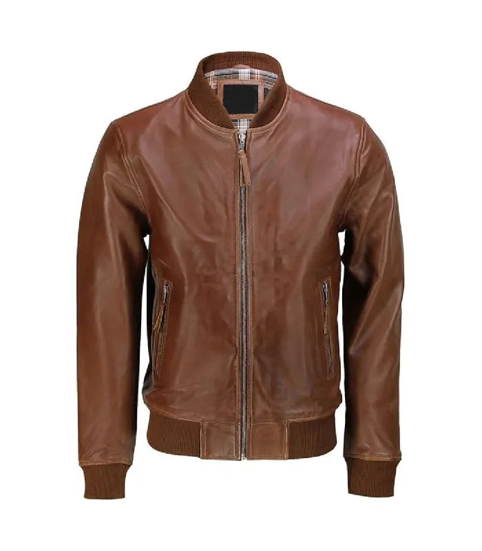 Direct front view of a brown varsity bomber jacket with central zipper, ribbed cuffs, and vertical zipper side pockets.