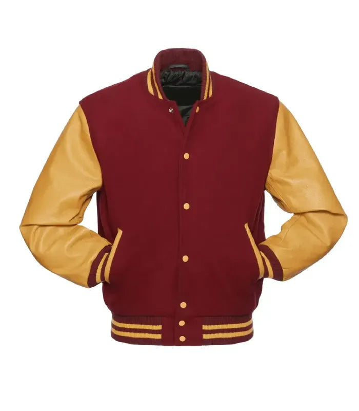 Front profile showing gold leather pocket welts, yellow snap closures, and burgundy wool front panel.
