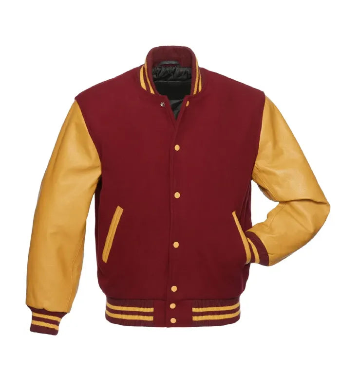 Direct front perspective of burgundy varsity jacket featuring contrast gold leather arms and matching striped ribbing.