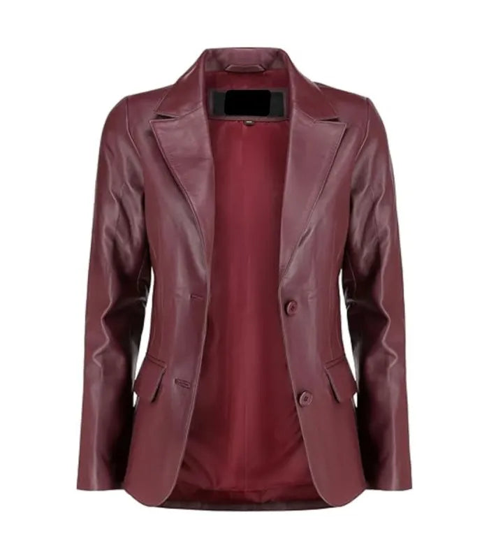 Front open view of a Womens Burgundy Leather Blazer revealing a color-matched inner viscose lining, lapels, and flap waist pockets.