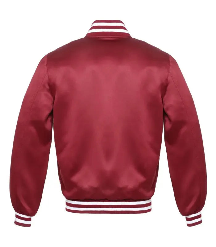 Rear view of a cardinal red satin varsity jacket showcasing smooth satiny back finish with white striped rib-knit collar, cuffs, and hem waistband.