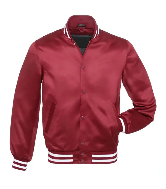 Front view of a cardinal red satin varsity jacket featuring snap-button closure, side welt pockets, and white striped rib-knit trims.