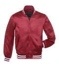 Front view of a cardinal red satin varsity jacket featuring snap-button closure, side welt pockets, and white striped rib-knit trims.