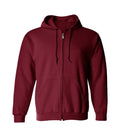 Front view of Cardinal Red Zip Up Hoodie featuring a full zipper closure, matching drawstrings, split kangaroo pockets, and ribbed cuffs.