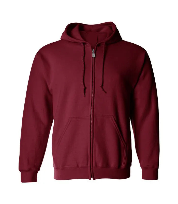 Front view of Cardinal Red Zip Up Hoodie featuring a full zipper closure, matching drawstrings, split kangaroo pockets, and ribbed cuffs.
