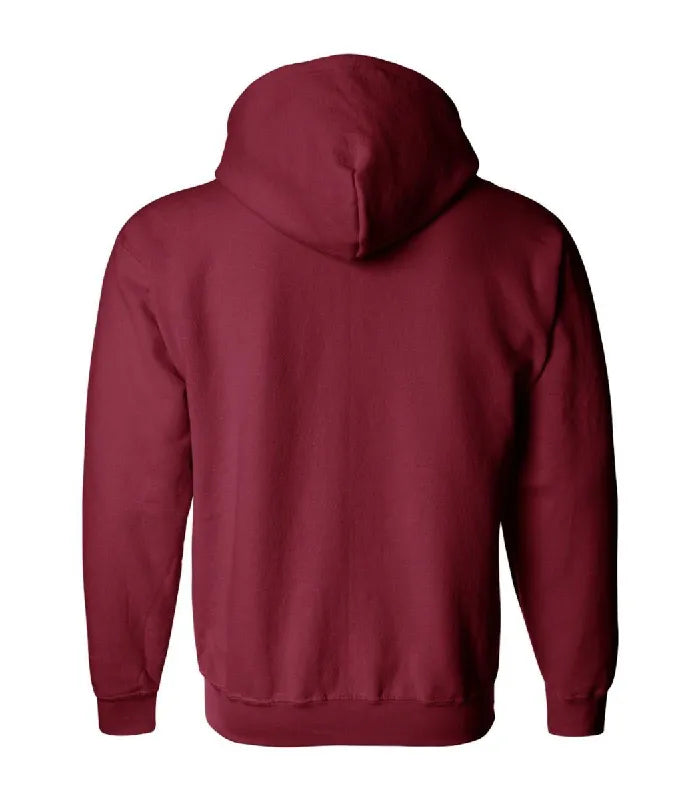 Rear view of Cardinal Red Zip Up Hoodie featuring a clean fleece back panel, attached hood, long sleeves, and fitted ribbed waist hemline.