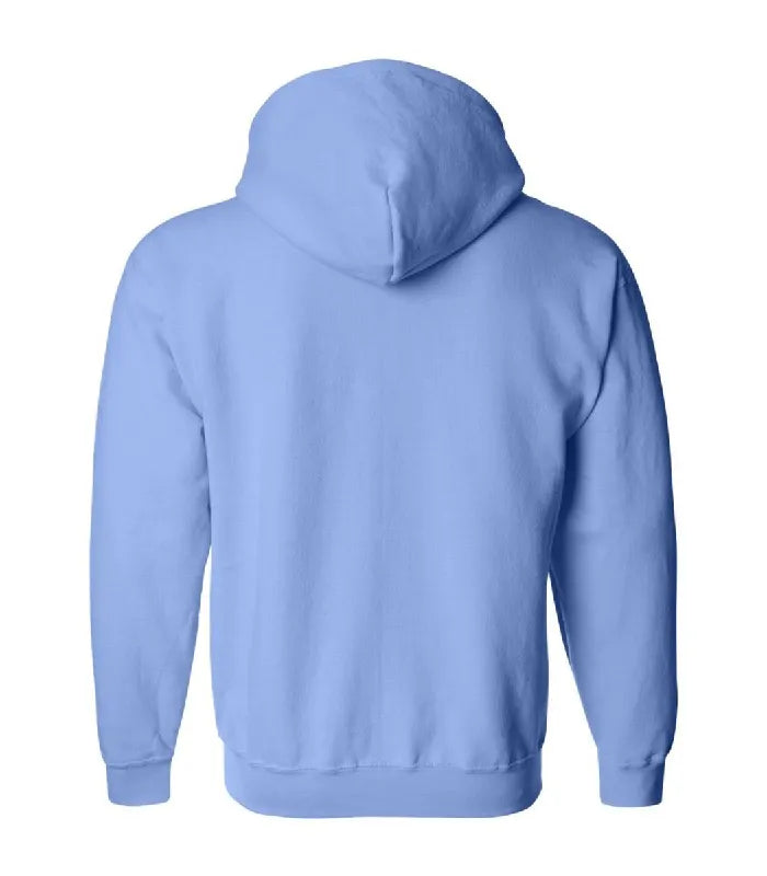 Rear view of Carolina Blue Zip Up Hoodie featuring a clean fleece back panel, attached hood, long sleeves, and fitted ribbed waist hemline.
