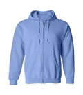 Front view of Carolina Blue Zip Up Hoodie featuring a full zipper closure, matching drawstrings, split kangaroo pockets, and ribbed cuffs.