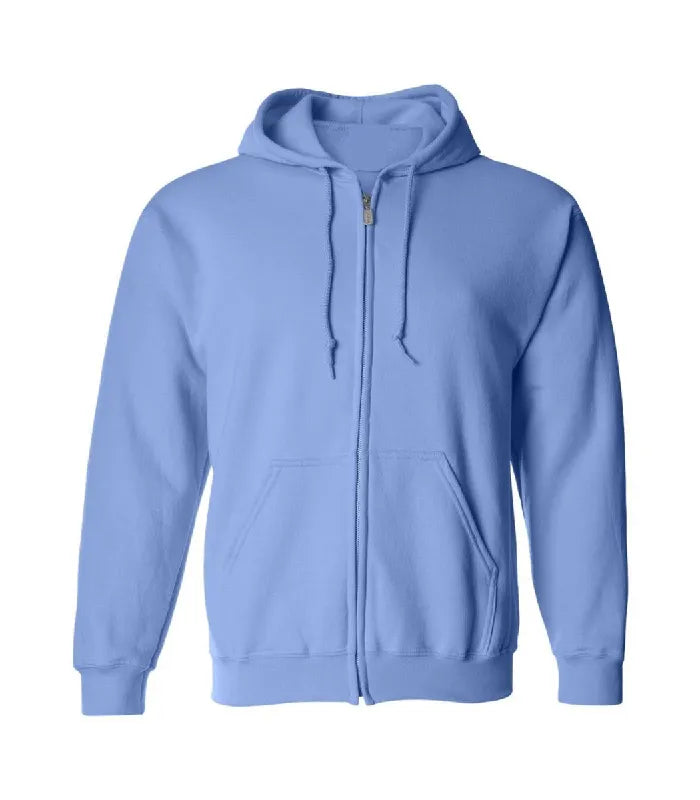 Front view of Carolina Blue Zip Up Hoodie featuring a full zipper closure, matching drawstrings, split kangaroo pockets, and ribbed cuffs.