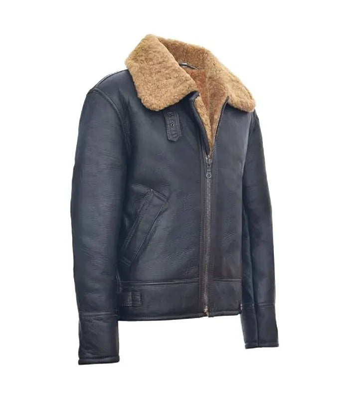 A black leather aviator jacket with a tan shearling-style collar, shown on a plain white background.