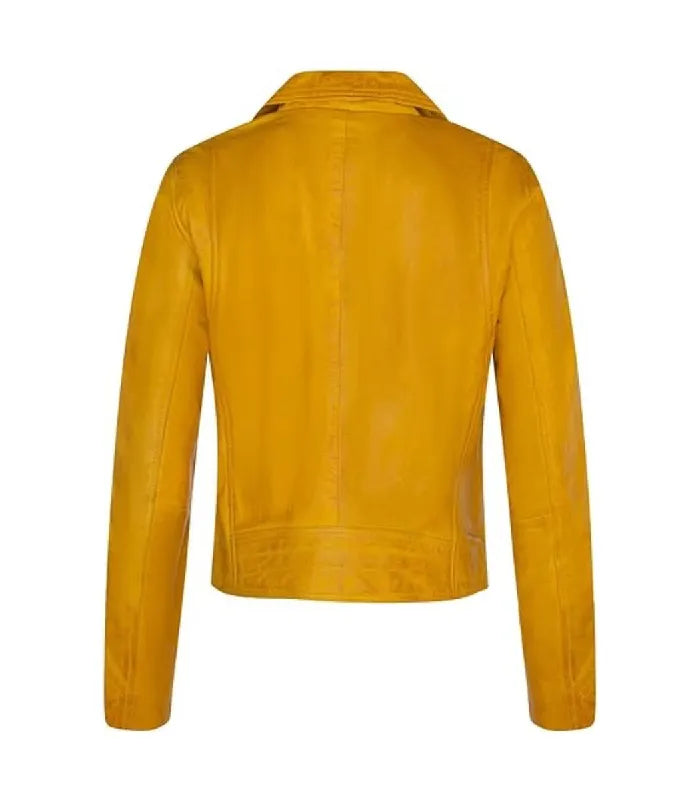 Rear perspective of a women's yellow biker leather jacket showing structured back seam lines and stitched hem detail.