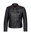 A black leather trucker jacket with white contrast stitching, button front closure, and flap chest pockets, shown on a plain white background.
