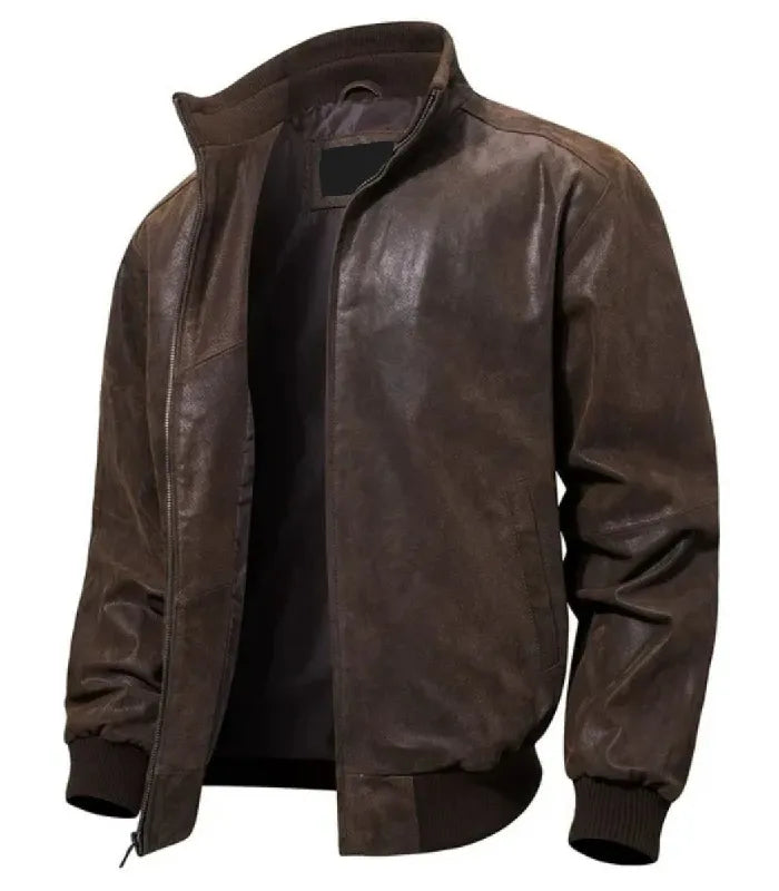 Three-quarter view of Dark Brown Flight Leather Bomber Jacket showing distressed leather finish, unzipped front, and ribbed cuffs.