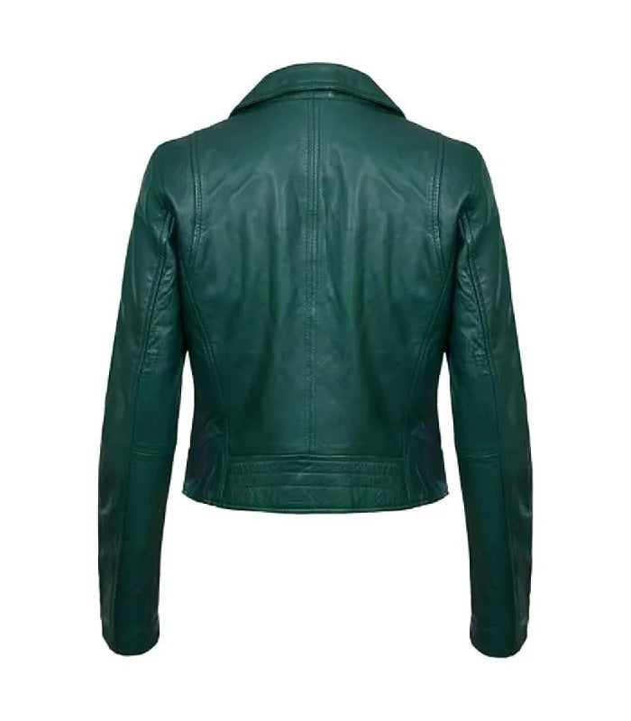 Rear perspective of a women's green classic biker leather jacket displaying panel stitching and a fitted hemline.