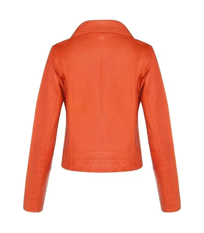 Rear profile of a women's classic orange biker leather jacket showing structured back seam stitching and bottom hemline detail.