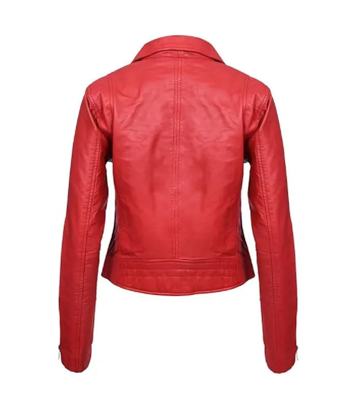 Rear view of a women's classic red leather biker jacket showing center seam stitching, fitted silhouette, and bottom waistband panel.