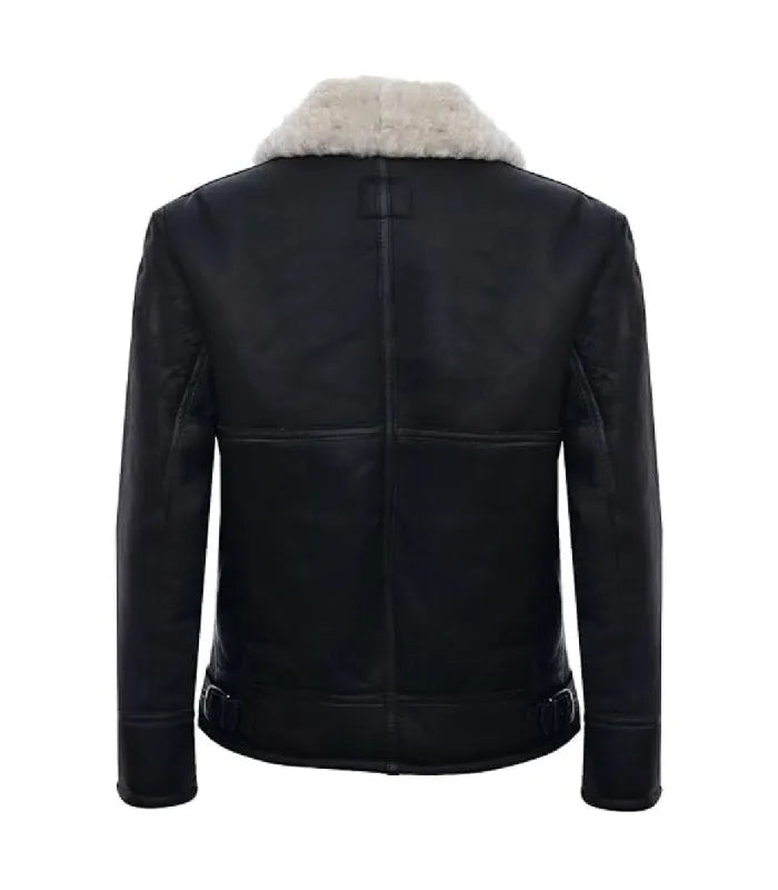 Rear view of a Cream Black Leather Bomber Shearling Aviator Jacket showing cross-panel back stitching and side waist adjustment buckles.