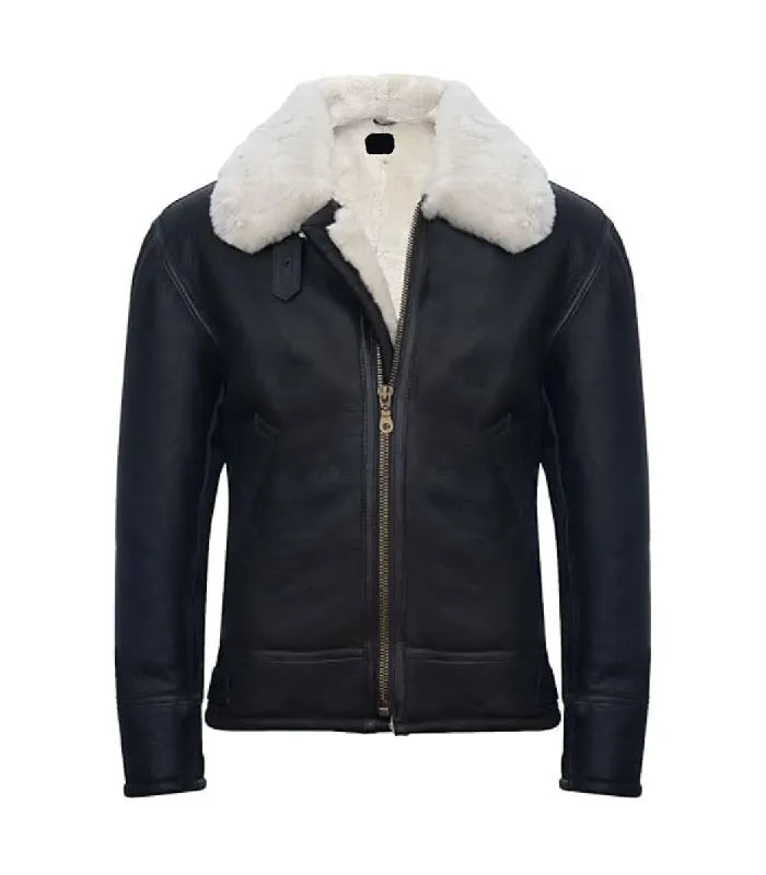 Front view of a Cream Black Leather Bomber Shearling Aviator Jacket with a full zip closure, prominent cream shearling collar, and clean black leather finish.