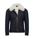 Front view of a Cream Black Leather Bomber Shearling Aviator Jacket with a full zip closure, prominent cream shearling collar, and clean black leather finish.